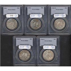 Lot of Five Walking Liberty Half Dollars