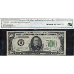 F-2202-B. 1934-A. $500 Federal Reserve Note. CGA Gem Un