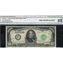 F-2212-F. 1934-A. $1000 Federal Reserve Note. CGA Gem U
