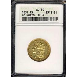 1834 $5 Classic Head. Plain 4 ANACS AU50 No Motto