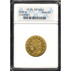 1838 $5 Classic Head ANACS VF20 Details Cleaned