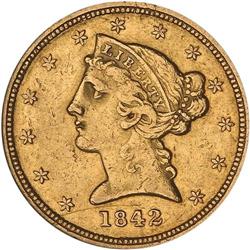 1842-O $5 Liberty ANACS AU50 Details Cleaned