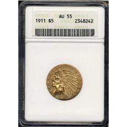 1911 $5 Indian ANACS AU55