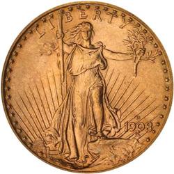 1908-D $20 St. Gaudens. No Motto PCGS MS65