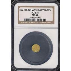 1872 Washington Round 25c Cal Gold BG-818 NGC MS64