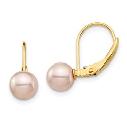 14k Yellow Gold Pink Round Pearl Leverback Earrings - 6-7 mm