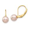 Image 1 : 14k Yellow Gold Pink Round Pearl Leverback Earrings - 6-7 mm