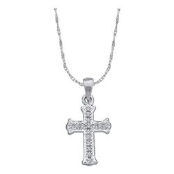 14kt White Gold Round Diamond Small Scalloped Cross Religious Pendant 1/12 Cttw