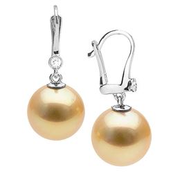 Golden South Sea Pearl and Diamond Bezel Dangle Earrings