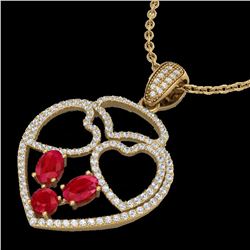 3 ctw Ruby & Micro Pave Designer Heart Necklace 14k Yellow Gold