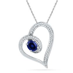 10kt White Gold Oval Lab-Created Blue Sapphire Heart Outline Pendant 3/4 Cttw