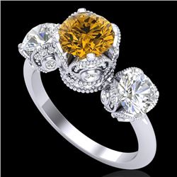 3 ctw Intense Yellow Diamond Art Deco 3 Stone Ring 18k White Gold