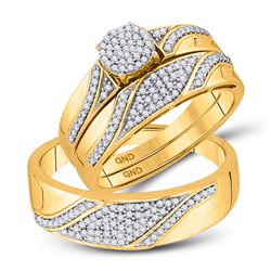 10kt Yellow Gold His & Hers Round Diamond Cluster Matching Bridal Wedding Ring Band Set 1/2 Cttw