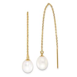 14k Yellow Gold White Rice Pearl Cable Chain Earrings - 7-8 mm