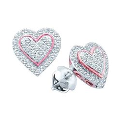 10kt White Gold Round Diamond Rose-tone Heart Cluster Screwback Earrings 1/4 Cttw