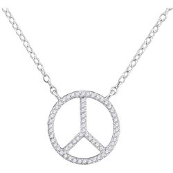 10kt White Gold Round Diamond Peace Sign Circle Pendant Necklace 1/6 Cttw