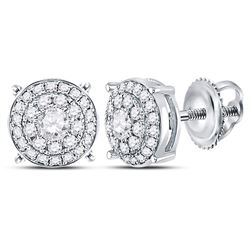 14kt White Gold Round Diamond Concentric Circle Cluster Earrings 1/2 Cttw