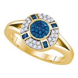 10kt Yellow Gold Round Blue Color Enhanced Diamond Circle Cluster Ring 3/8 Cttw