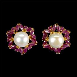 Natural Pearl & Marquise Red Ruby Earrings