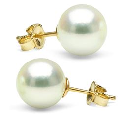Untreated, Natural Color White Hanadama Akoya Pearl Earrings, 9.0-9.5mm