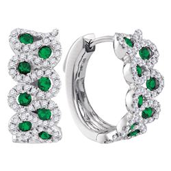 14kt White Gold Round Emerald Diamond Hoop Earrings 1-3/8 Cttw