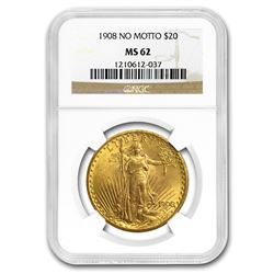 1908 $20 Saint-Gaudens Gold Double Eagle No Motto MS-62 NGC