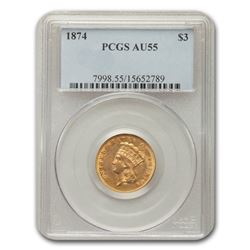 1874 $3 Gold Princess AU-55 PCGS