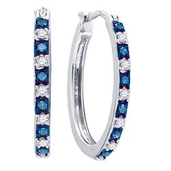 Sterling Silver Round Blue Color Enhanced Diamond Hoop Earrings 1/4 Cttw