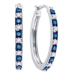 Sterling Silver Round Blue Color Enhanced Diamond Hoop Earrings 1/4 Cttw