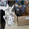 Image 1 : BOX OF GARDEN DECOR INLCUDING 2 OWLS, DOVES, AND HARP PLAYER