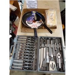 18 PIECE BBQ SET AND TFAL PAN, KNIFE BLOCK