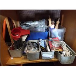 SHELF LOT OF PAINTING SUPPLIES METAL BINS W/ CONTENTS AND MORE