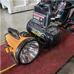 TEAM MECHANICAL 2 GALLON AIR COMPRESSOR AND 10 MILLTION CANDLE POWER SPOTLIGHT