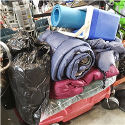 LOT OF SLEEPING BAGS, COOLER AND BLUE FOAM ROLL