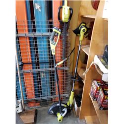 RYOBI 18V CORDLESS WEEDEATERS, HEDGE TRIMMER, AND BATTERIES - NO CHARGER