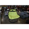 Image 1 : BRAND NEW OUTDOOR RATTAN FOLDABLE DOUBLE HANGING CHAIR W/ LIME GREEN CUSHIONS - RETAIL $1549 RATED F