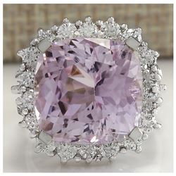18.62 CTW Natural Kunzite And Diamond Ring 14K Solid White Gold
