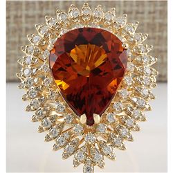 17.40 CTW Natural Madeira Citrine And Diamond Ring 18K Solid Yellow Gold