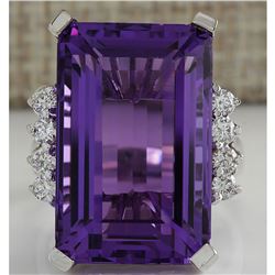 20.85 CTW Natural Amethyst And Diamond Ring In 14K Solid White Gold