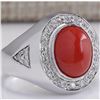 Image 2 : 3.50 CTW Natural Red Coral And Diamond Ring 14K Solid White Gold