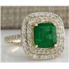 Image 2 : 3.50 CTW Natural Emerald And Diamond Ring 18K Solid Yellow Gold