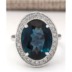 11.78 CTW Natural London Blue Topaz And Diamond Ring In18K Solid White Gold
