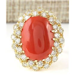9.58 CTW Natural Coral And Diamond Ring In 14k Yellow Gold