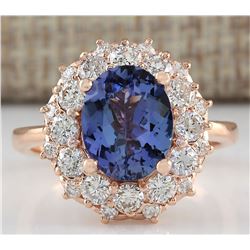 4.16 CTW Natural Blue Tanzanite And Diamond Ring In 18K Solid Rose Gold