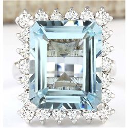 12.71 CTW Natural Aquamarine And Diamond Ring In 18K Solid White Gold