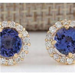 3.65 CTW Natural Blue Tanzanite And Diamond Earrings 18K Solid Yellow Gold