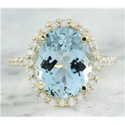 7.07 CTW Aquamarine 18K Yellow God Diamond Ring