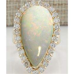 9.39 CTW Natural Opal And Diamond Ring 18K Solid Yellow Gold