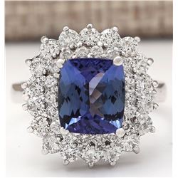 4.56 CTW Natural Blue Tanzanite And Diamond Ring 14k Solid White Gold