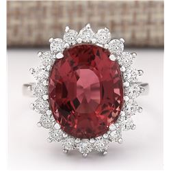 9.85 CTW Natural Pink Tourmaline And Diamond Ring 18K Solid White Gold
